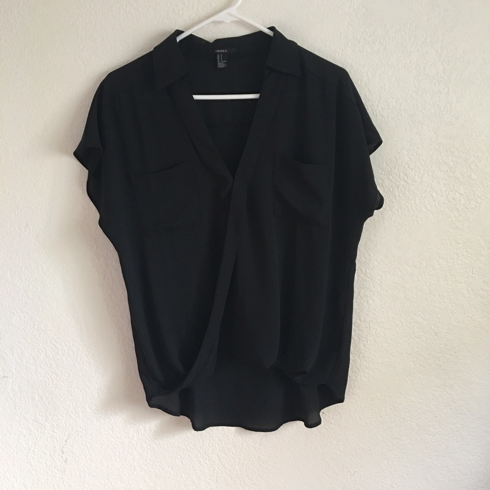 Forever 21 Black Chiffon Wrap Hi-Low Blouse Top
